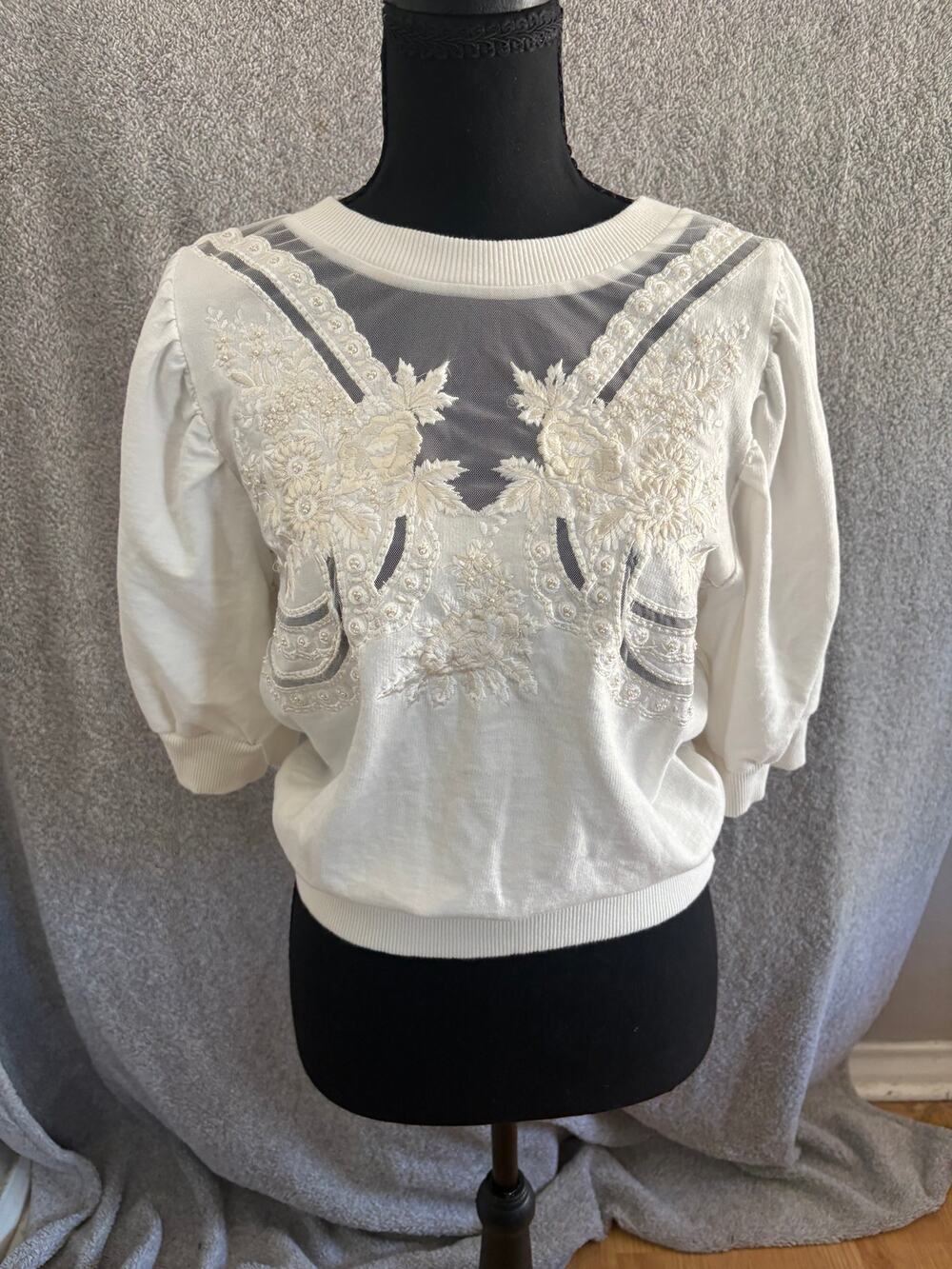 Ivory Floral Embroidered Mesh Sweatshirt Pearl Romantic Boho S